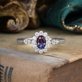 4 Prong Vintage Halo Cluster Oval Cut Alexandrite Engagement Ring